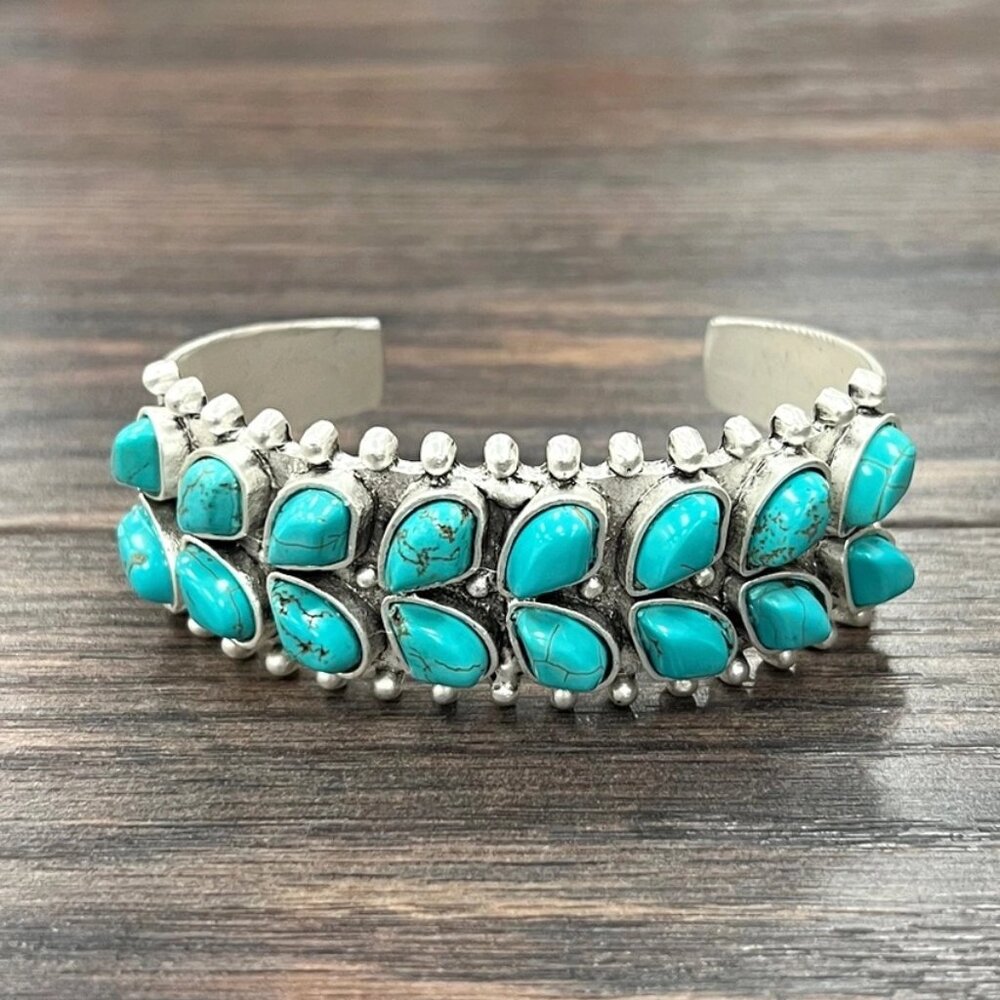 Turquoise Cuff Bracelet Western Boho Statement Silver Tone Multi Stone